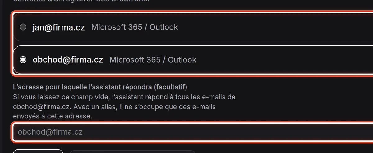 Gros plan – Choisir la boîte mail