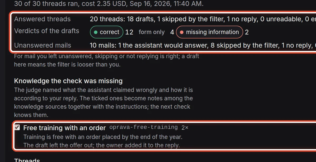 Close up — The check on held-out threads