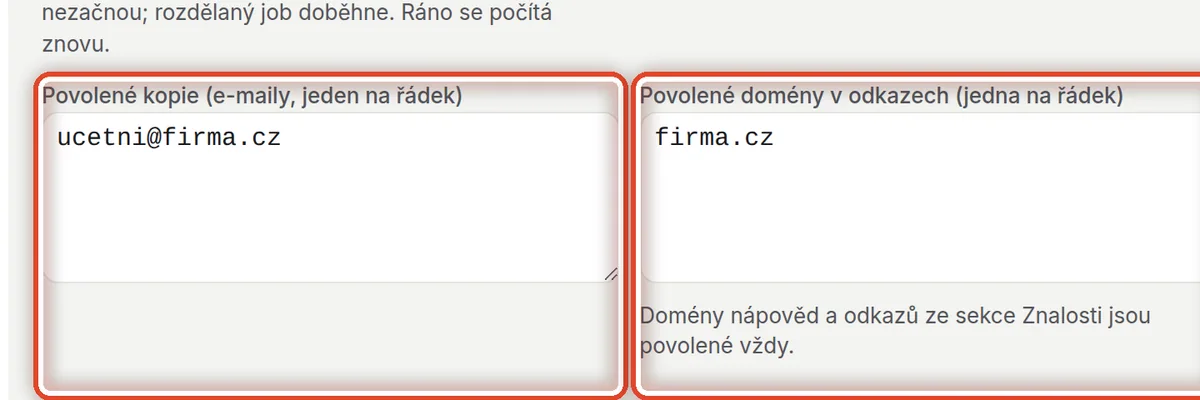 Detail — Povolené kopie, domény a formuláře