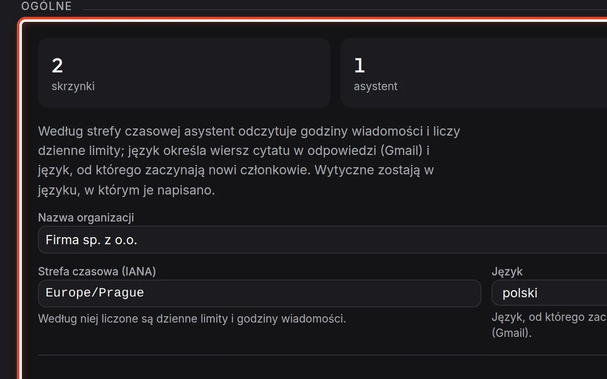 Zbliżenie – Ustawienia ogólne organizacji