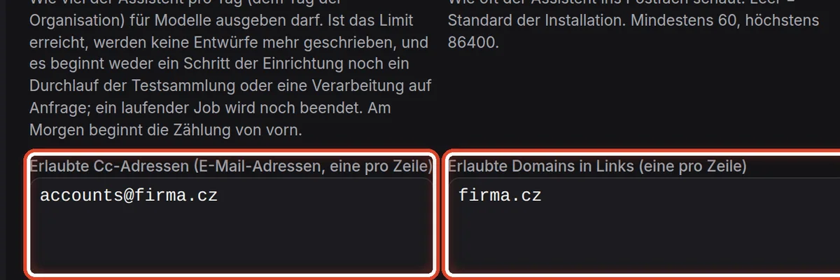 Nahaufnahme – Erlaubte Cc-Adressen, Domains und Formulare