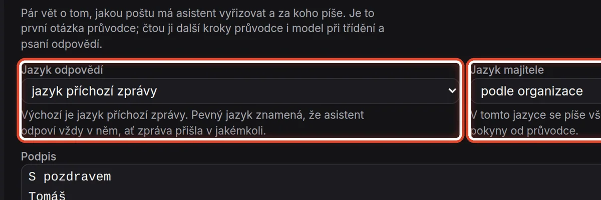 Detail — Jazyk odpovědí a jazyk majitele