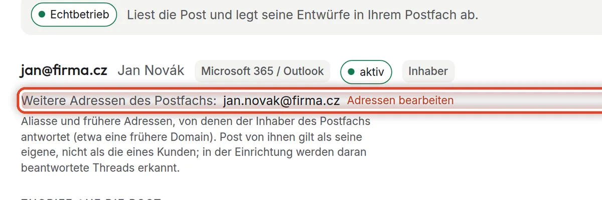 Nahaufnahme – Weitere Adressen des Postfachs