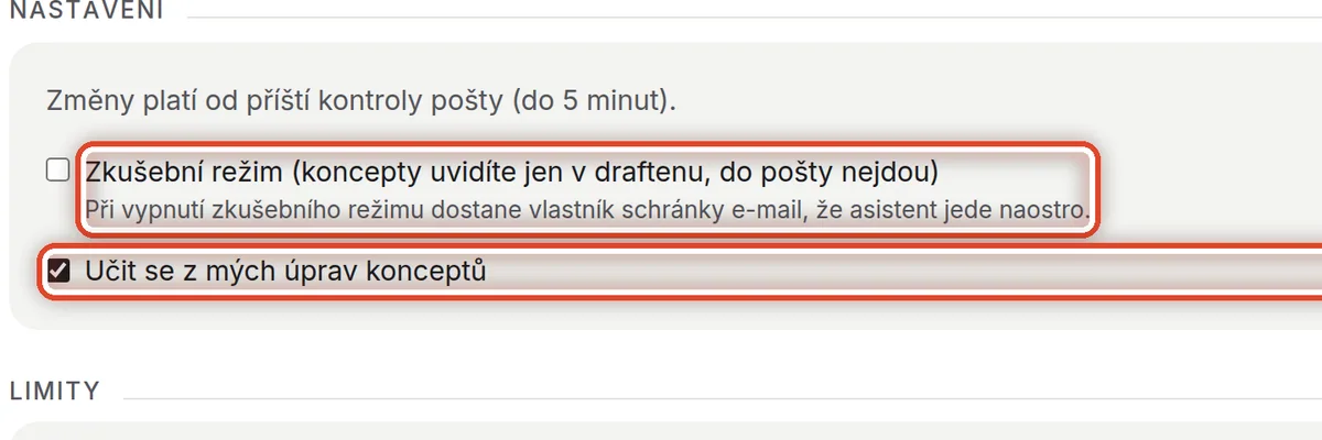 Detail — Zkušební režim a učení