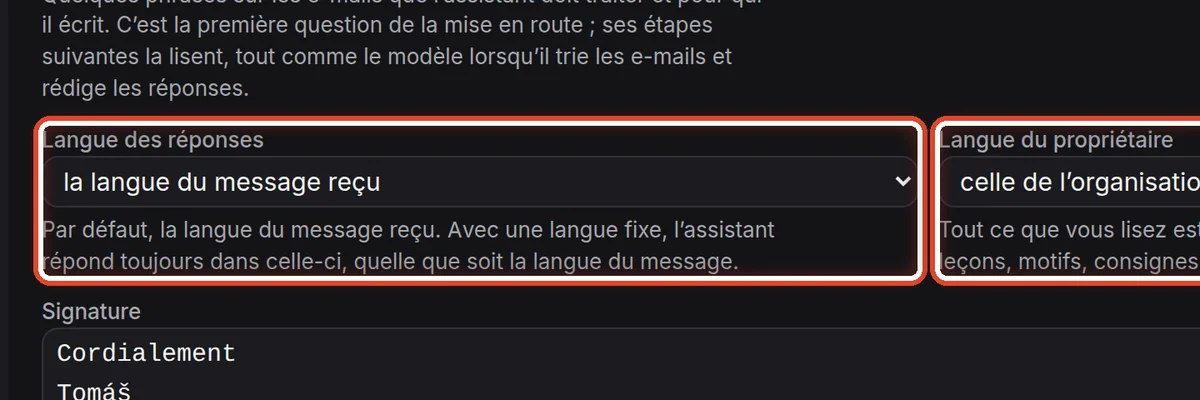 Gros plan – Langue des réponses et langue du propriétaire