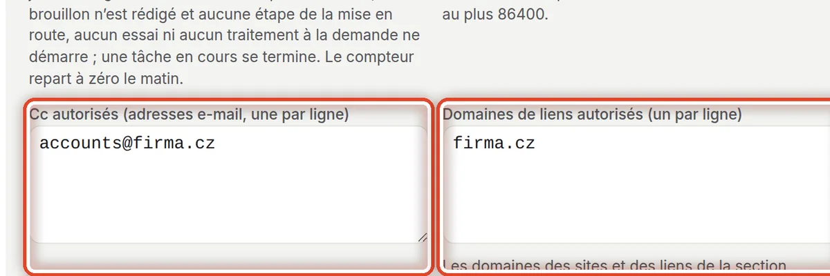 Gros plan – Cc, domaines et formulaires autorisés