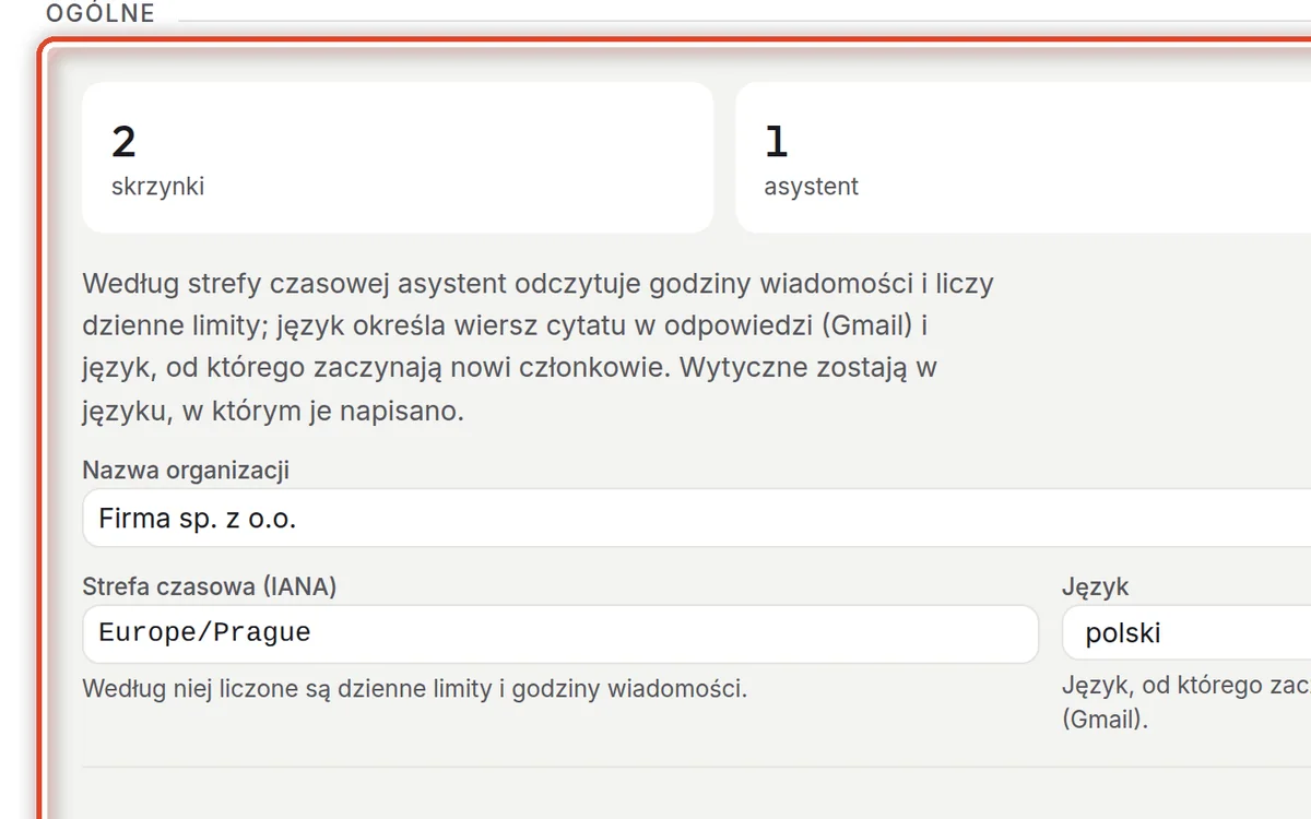 Zbliżenie – Ustawienia ogólne organizacji