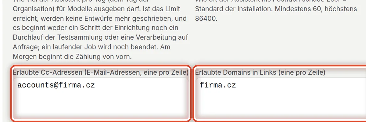 Nahaufnahme – Erlaubte Cc-Adressen, Domains und Formulare