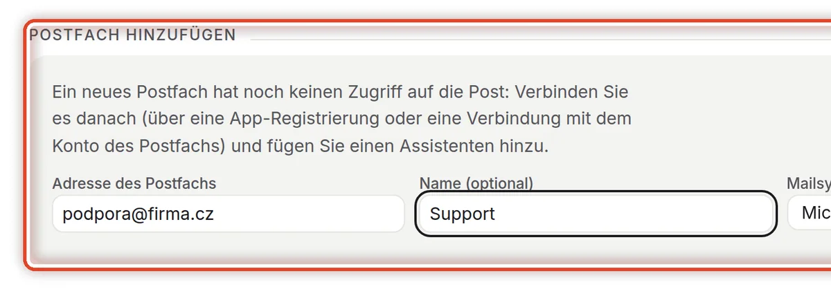 Nahaufnahme – Ein Postfach hinzufügen