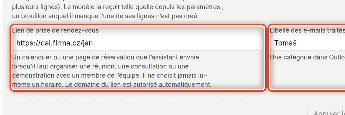 Gros plan – Lien de prise de rendez-vous et libellé