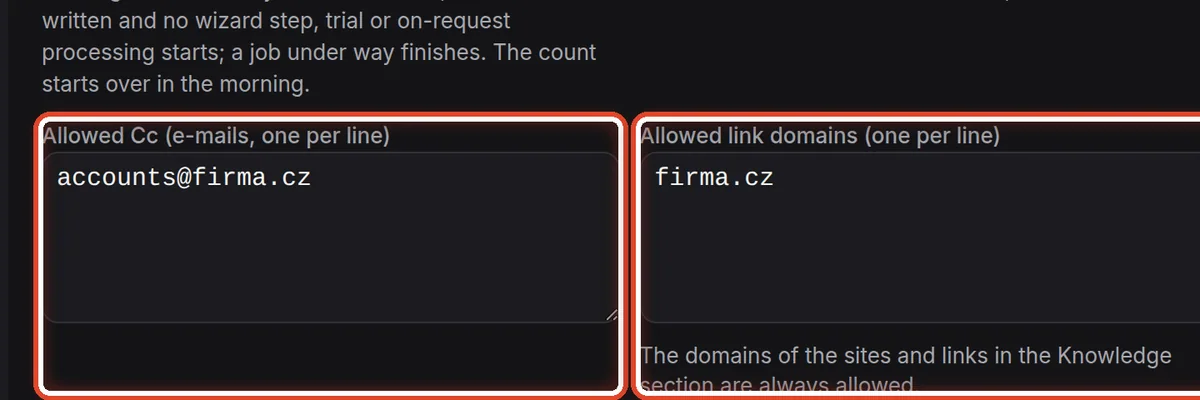 Close up — Allowed Cc, domains and forms