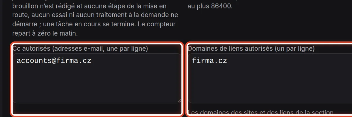 Gros plan – Cc, domaines et formulaires autorisés