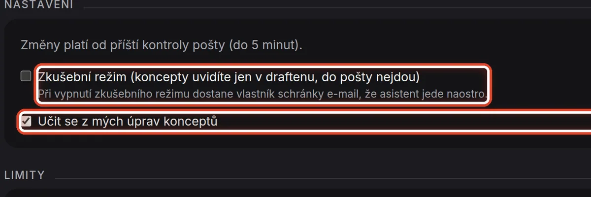Detail — Zkušební režim a učení