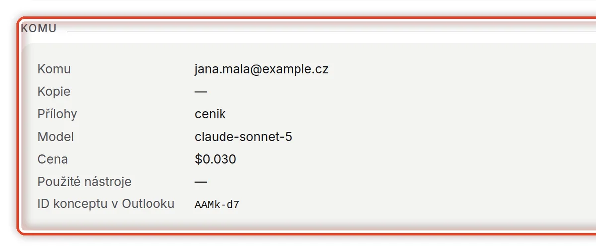 Detail — Zkontrolujte adresáty a přílohy