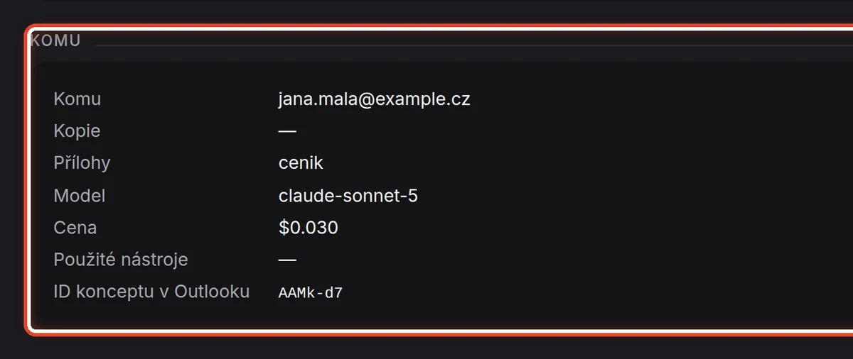 Detail — Zkontrolujte adresáty a přílohy