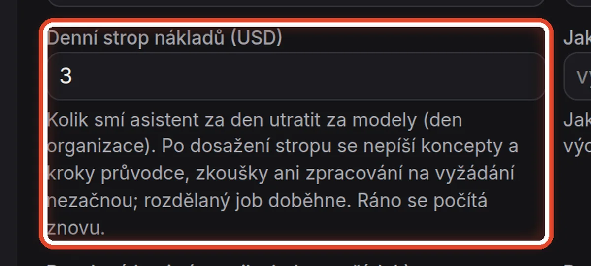 Detail — Denní strop nákladů