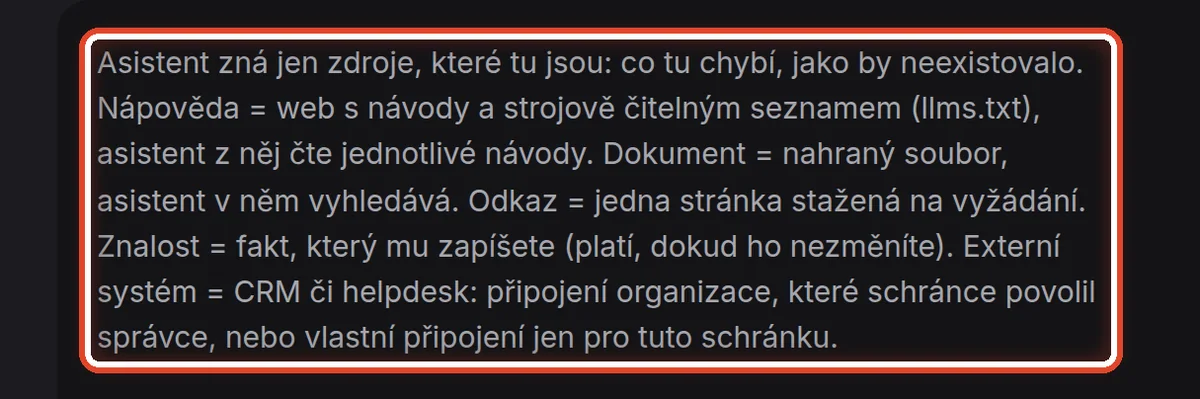 Detail — Asistent zná jen to, co je tady