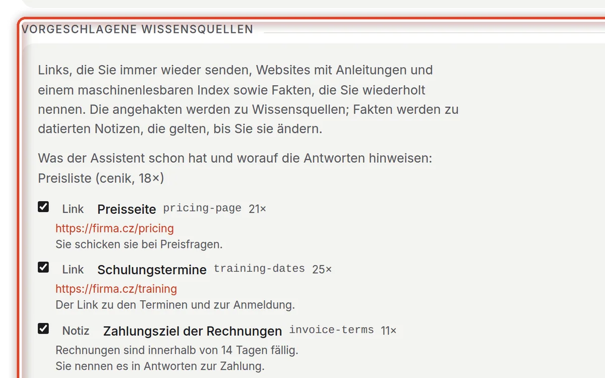 Nahaufnahme – Die vorgeschlagenen Quellen auswählen