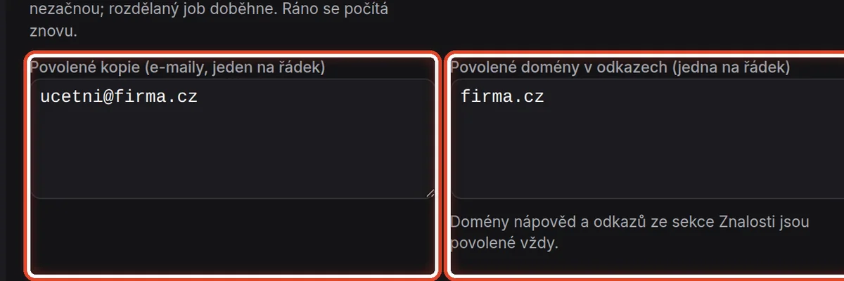 Detail — Povolené kopie, domény a formuláře