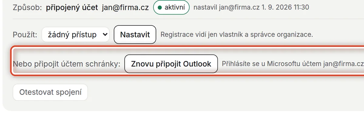 Detail — Připojení účtem schránky