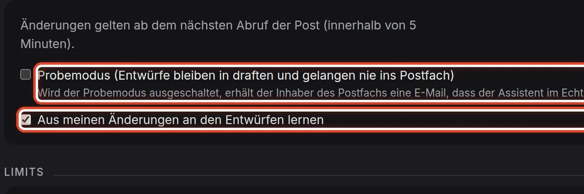 Nahaufnahme – Probemodus und Lernen
