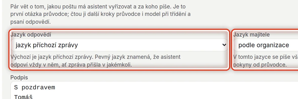 Detail — Jazyk odpovědí a jazyk majitele