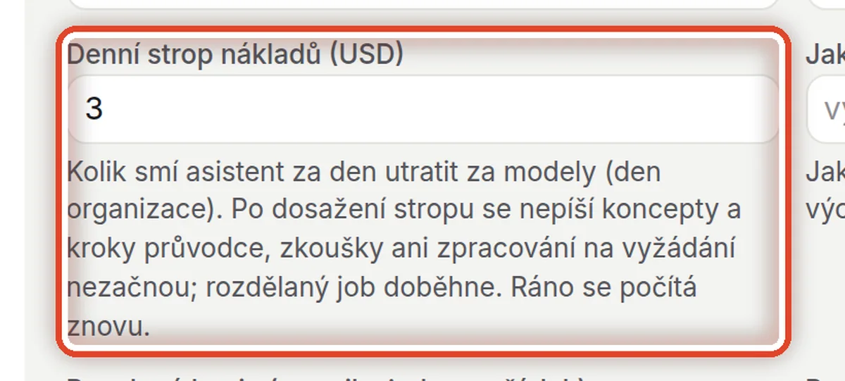 Detail — Denní strop nákladů