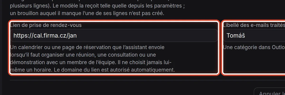 Gros plan – Lien de prise de rendez-vous et libellé