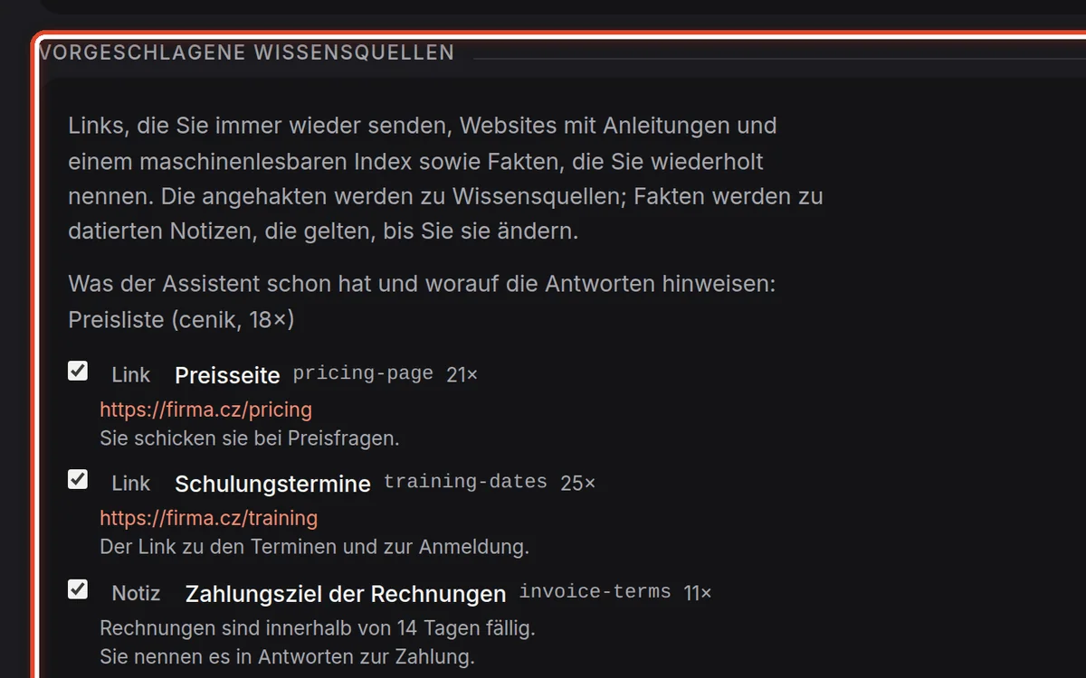 Nahaufnahme – Die vorgeschlagenen Quellen auswählen